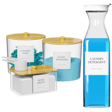 3+1 Pack Laundry Pods Containers & Dryer Sheet Holder & Laundry Detergent Dispenser, Laundry Room Organization and Storage Jars with Lids, Labels and Scoops for Scent Booster, Powder, Pods