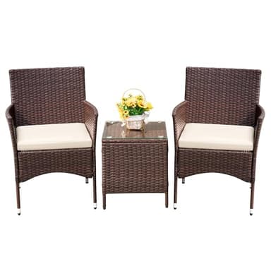 Devoko Patio Porch Furniture Sets 3 Pieces PE Rattan Wicker Chairs with Table Outdoor Garden Furniture Sets (Brown/Beige)