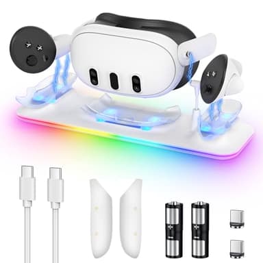 Charging Dock for Meta Quest 3S/3, YUANHOT Fast Charging Station with Color RGB Light for Oculus Quest 3S/3 Accessories, Magnetic Charger Stand for Headset/Controller with 2 Rechargeable Battery