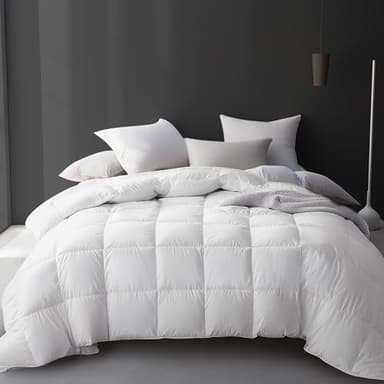 Hotel Grand Luxury White Goose Feather Down Fiber Comforter Full Queen Size, 100% Cotton All Season Duvet Insert Queen, Medium Warmth Bedding Comforter with 8 Corner Loops, White 90x90 Inch