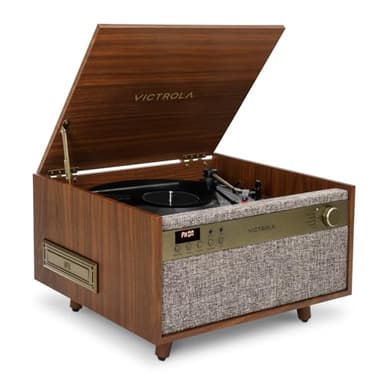 Victrola Century 6-in-1 Vinyl Record Player & Music Center – 3-Speed Turntable, CD & Cassette Player, VINYLSTREAM, Bluetooth & 3.5mm Aux, Record Player with Speakers, Mid Century Design (Walnut)