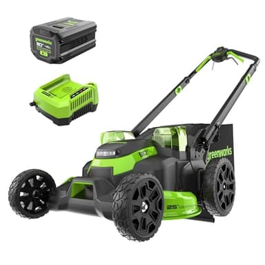 Greenworks 80V 25" Brushless Cordless (Self-Propelled) Dual Blade Lawn Mower (LED Headlight + Aluminum Handles), 4.0Ah Battery and Rapid Charger Included