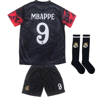 Mbappe Madrid #9 Special Dragon Limited Edition Kids Soccer Jersey Shirts Football Futbol Socks Gift Set Youth Sizes(Black,24)