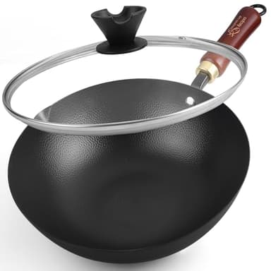 Souped Up Recipes 10 Inch Carbon Steel Wok For Electric, Induction and Gas Stoves (Lid and User Guide Video Included)