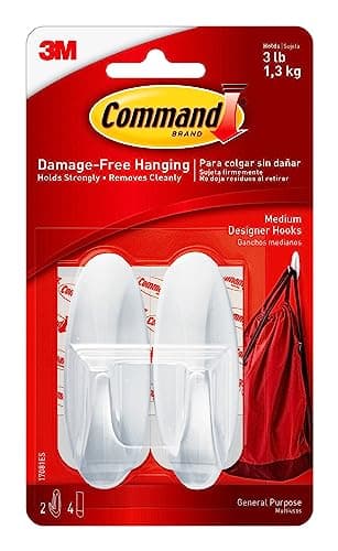 Command Medium Designer Hooks, 2 Hooks and 4 Command Strips, Damage-Free Hanging Wall Hooks with Adhesive Strips, No Tools Adhesive Hooks for Hanging, Organization and Storage, Holds up to 3 lb