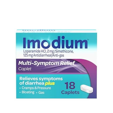 Imodium Multi-Symptom Relief Caplets, Loperamide Hydrochloride & Simethicone Anti-Diarrheal Medicine for the Relief of Diarrhea, Gas, Bloating, Cramps & Pressure, 18 ct
