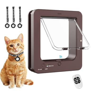 Smart Cat Door with 3 Collar Sensor, RFID Cat Door Collar Activated with Remote Control, 4 Way Locking Cat Flap Automatic Pet Door (Brown)