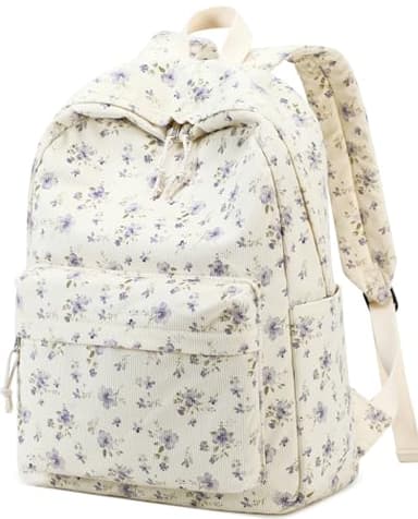 School Backpack for Teens Large Corduroy Bookbag Lightweight Girls Boys Casual High School College 17 inch Laptop Travel Bag (Grace Purple Flower)