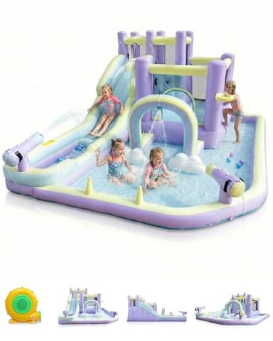 Ktaxon 8-in-1 Inflatable Water Slide with Rainbow Spray Arch, 16x12x7.3FT Large Bounce House w/Extra-Long Water Slide, Splash Pool & Water Gun, 750W Blower for Backyard Park Summer Fun