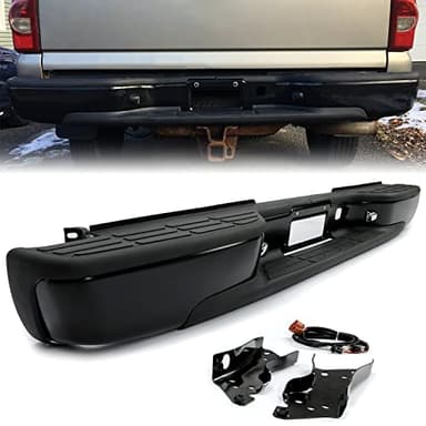 ECOTRIC Rear Step Bumper Compatible with 1999-2007 Chevy Chevrolet Silverado GMC Sierra 1500 2500 Classic Face Bar W/License Plate Lights Replace for GM1103122 12496085 GM1103124 Powder Coated Black