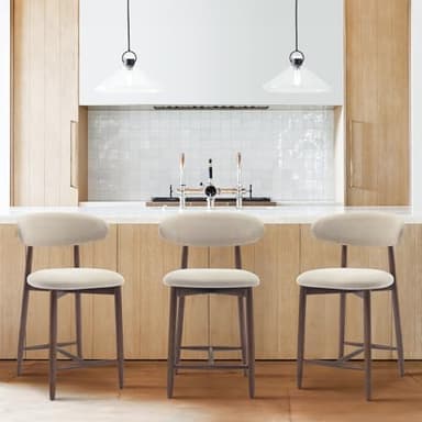 COLAMY Counter Height Bar Stools Set of 3, Kitchen Bar Stools with Back, Mid Century Modern Upholstered, with Wood Legs for Kitchen Island Dining Room, Beige