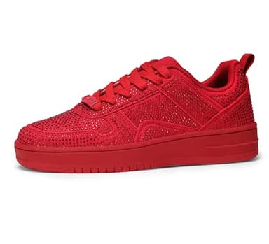 LUCKY STEP Women Fashion Sparkle Rhinestone Sneakers White Leather Low Top Tennis Shoes Lace Up Casual Comfortable Walking Shoe(Red Rhinestone,8B(M) US)