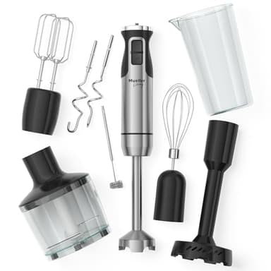 MuellerLiving Immersion Hand Blender Full Set - 8 Speed Immersion Blender, Hand Mixer with 7 Attachments: Stainless Steel Blade, Whisk, Milk Frother, Beater, Mixing Hooks, Potato Masher, Chopper Bowl