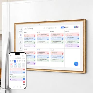 JSUSOU Magnetic Fridge Smart Digital Calendar 15.6" with FREE APP, Auto Sync Electronic Planner for Desk & Wall Touch Screen, Magnetic Refrigerator Mounted, Family Chore Chart, Teak Wood Grain