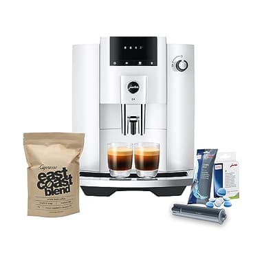 Jura E4 Automatic Coffee Machine (Piano White) with CLEARYL Smart+ Water Filtration, 6 Cleaning Tablets and East Coast Blend Whole Bean Coffee (4 Items)