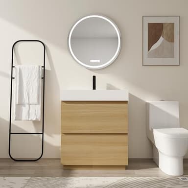 GLINOVEX Bathroom Vanity with Sink, Bathroom Vanity, 30 Inch Engineered Wood Freestanding Bathroom Vanities with Resin Sink & 2-Soft Close Drawers, Oak