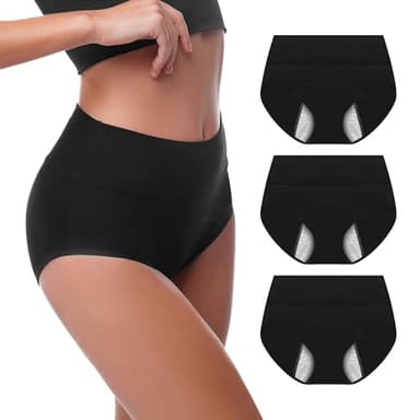 Walifrey Period Underwear for Women, High Waisted Panties Leakproof Postpartum Cotton Briefs 3 Pack Black 4XL