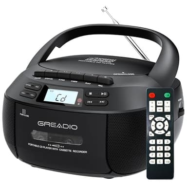 Greadio Boombox CD Player Cassette Player Combo, Boom Box Portable CD Players for Home with Bluetooth, Support AM FM Radio/Remote Control/AUX/USB/Earphone, AC/Battery Operated, LCD Display (Black)