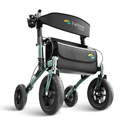 Helavo All Terrain Walker Rollator with 12” Pneumatic Tires – Foldable Outdoor Walkers for Seniors with Seat, Lightweight & Adjustable Height, Shock-Absorbing for Comfort on Any Surface