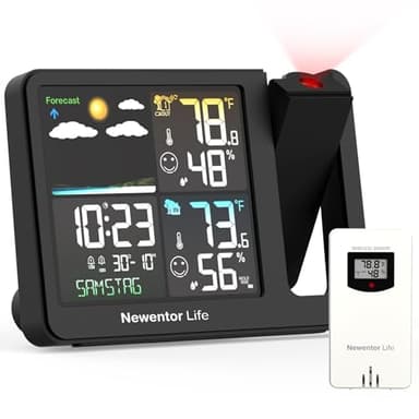 Projection Alarm Clock, Projection Clock for Bedroom Ceiling, Projector Clock with Weather Station, Indoor Outdoor Temperature Humidity Monitor, Forecast, Adjustable Backlight, Black,No Atomic