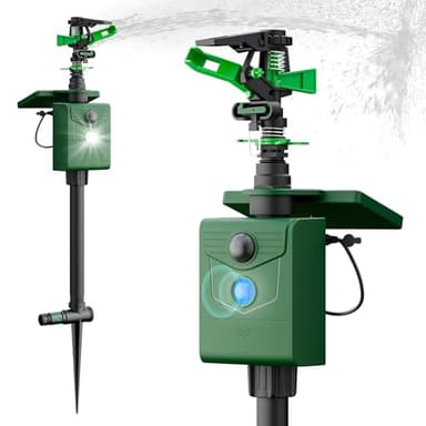 2 Packs Motion Activated Animal Repeller with Water Sprinkler, Solar Powered Deer Repellent Devices, IP65 Waterproof Cat Repellent Outdoor with Flashing Light, Deter Foxes Skunks Raccoons from Garden