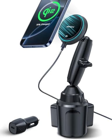 APPS2Car Upgraded for QI2 Magsafe Cup Holder Charger, Car Mount Charger 15W Fast Charging, Wireless Magnetic Cell Phone Stand with Tri-Pivot Arm for iPhone 17 Air Pro Max Plus 16 15 14 13 12