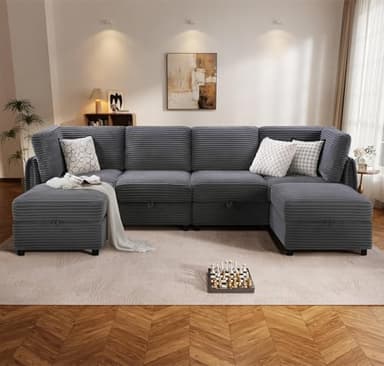 KKL Modular Sectional Sofa U-Shaped 6 Seater Couch with Storage Ottoman, Convertible L-Shaped Plush Wide-Wale Corduroy Couch for Living Room, Apartment, Modern Design, Gray