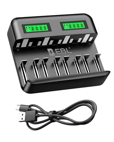 EBL LCD 8 Bay Battery Charger, AA AAA C D Rechargeable Battery Charger for Rechargeable Batteries Ni-MH AA AAA C D Batteries with 2A USB Port, Type C Input