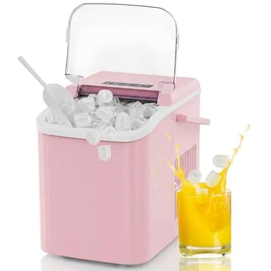 NEWBULIG Ice Makers Countertop with Handle, Portable Ice Machine, 9 Bullet Ice Cubes in 6 Mins, 26lbs in 24Hrs, Auto-Cleaning, with Basket and Scoop, for Home, Kitchen, RV, Camping,Light Pink