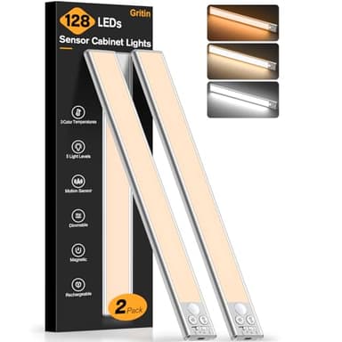 Gritin 14.7inch Under Cabinet Lighting Rechargeable 2 Pack- 3 Color Temps&5 Level Brightness, Super Bright, 4 Modes, Motion Sensor, Long Lasting - Easy Installation Magnetic Under Closet Lights-Silver