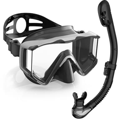 Greatever Snorkel Set Pano 3 Window Snorkel Mask Adult, Panoramic Wide View, Anti-Fog Scuba Diving Mask, Anti-Leak Snorkel Goggles Dry Top Snorkel, Professional Snorkeling Gear for Adults