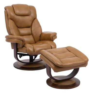 Pemberly Row Stressless Recliner with Ottoman in Brown Leather, Manual Swivel Recliner Chair for Living Room Comfort