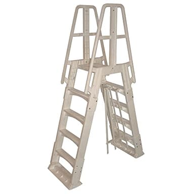 Vinyl Works SLA A-Frame 48-56 Inch Adjustable Above Ground Swimming Pool Ladder Entry System with Slide Lock Barrier and Handrails, Taupe