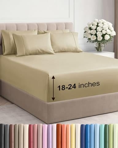 Extra Deep Queen Sheet Set - 6 Piece Breathable and Cooling Sheets - Hotel Luxury Bedding for Women, Men, Kids & Teens - Easy & Secure Fit - Soft, Wrinkle Free and Comfy - Extra Deep Pockets - Beige