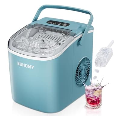 EUHOMY Countertop Ice Maker Machine with Handle, 26lbs Per Day, 9 Ice Cubes Ready in 6 Mins, Auto-Cleaning Portable Ice Maker with Basket and Scoop, for Home/Kitchen/Camping/RV (Blue)