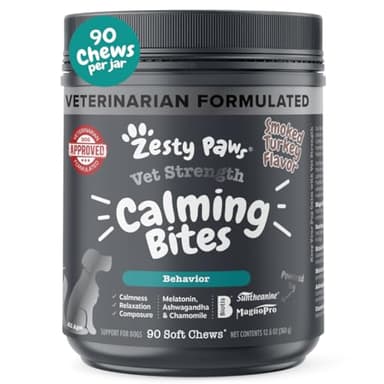 Zesty Paws Vet Strength Calming Chews for Dogs - for Everyday Stress, Relaxation, Composure, and Separation Smoked Turkey 90 Count