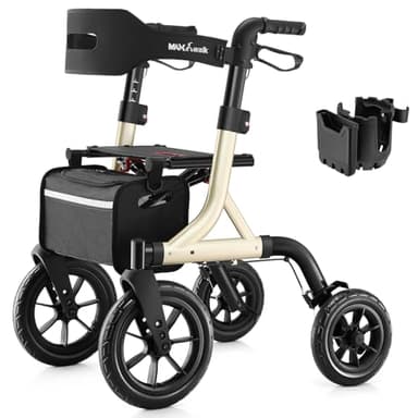 MAXWALK Walkers for Seniors, Rollator Walker with Seat, 12" Big Rubber Wheels All Terrain Rollator Walker with Backrest, Built-in Cable, Cup Holder, Foldable and Height Adjustment for Seniors, Gold
