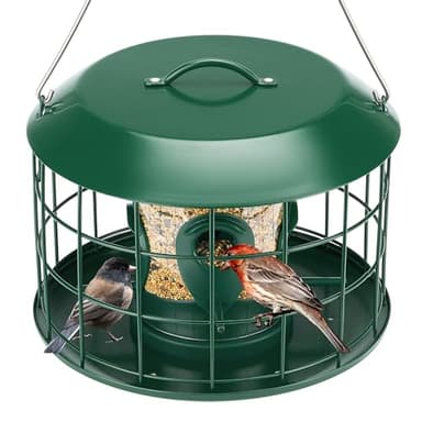 Kingsyard Tube Squirrel Proof Bird Feeders for Outdoor Hanging, Metal Caged Bird Feeder with Rain Proof Covered for Wildbirds Finches Bluebird, 4 Feeding Ports, Green