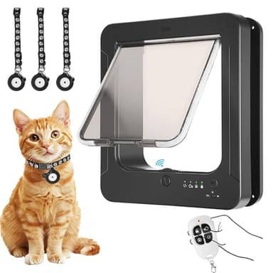 Smart Cat Door with 3 Collar Sensor, RFID Cat Door Collar Activated with Remote Control, 4 Way Locking Cat Flap Automatic Pet Door (Black)