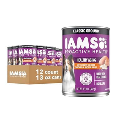 IAMS Proactive Health Senior Wet Dog Food, Classic Ground Dog Wet Food, Slow Cooked Chicken and Rice, 13 oz. Cans (Pack of 12)