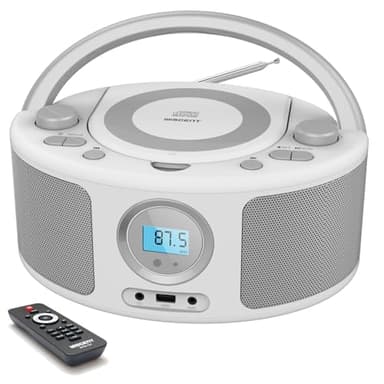 Portable CD Player Boombox with Bluetooth, FM Radio, Remote Control, USB Port and 3.5mm AUX Headphone Jack, Clear Stereo Sound, 4 Watts of Audio, AC/Battery Powered