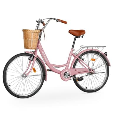 Outroad Beach Cruiser Bike, 24 inch Commuter Bicycle for Adult Men and Women,High-Carbon Steel Comfortable City Bikes with Rear Rack or Basket,Pink