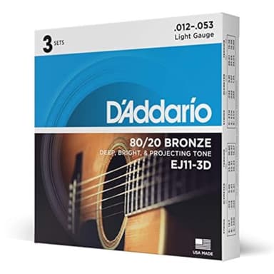 D'Addario Acoustic Guitar Strings, 80/20 Bronze, EJ11-3D, Light Gauge 12-53, 6-String Set, Pack of 3