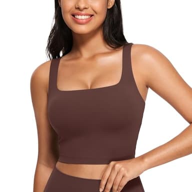 CRZ YOGA Butterluxe Womens Square Neck Longline Sports Bra - Workout Crop Tank Tops Padded Yoga Camisole with Built in Pads Taupe Medium