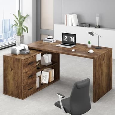 HSH L Shape Home Office Desk with Drawers, L-Shaped Computer Desk with Storage Cabinet Shelves, Wood Executive Desk for Writing Work, Reversible Study Table in Bedroom Living Room, Rustic Brown, 55 In