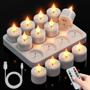 Rechargeable Flameless Tea Lights Candles: 12Pcs Battery Operated Tea light Candles with Remote Timer & Charging Base LED Flickering Votive Tealight Candles for Christmas Halloween Wedding Decor