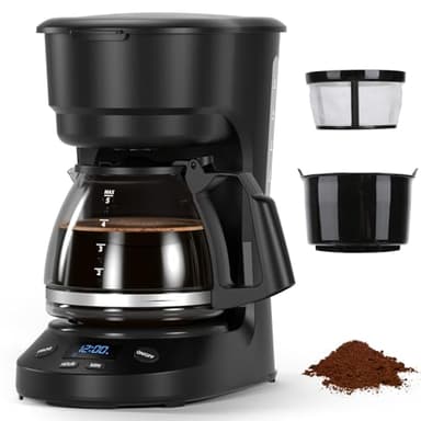 Electactic 5-Cup Programmable Drip Coffee Maker, a compact coffee machine with a digital clock and 24-hour programmable timer, featuring Auto Shut-Off, and a Removable Filter Basket for Home & Office.