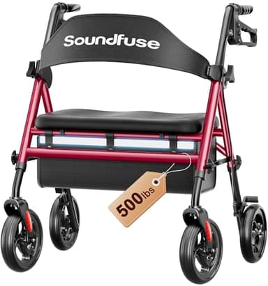 SOUNDFUSE Bariatric Walker for Seniors with Extra Wide Seat, 500lb Heavy Duty Rollator Walker, Handle & Seat Height Adjustable, Foldable Rolling Walkers with 8" All-Terrain Wheels