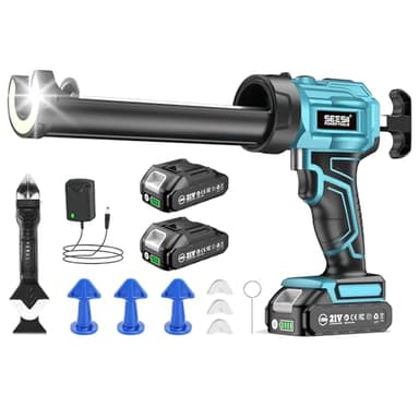 SEESII Cordless Caulking Gun, 21V Battery Powered Caulk Gun, Electric Caulking Gun w/2 x 2.0Ah Batteries, 9Pcs Caulk Remover Tool, LED Light, Auto Retract for Filling, Sealing