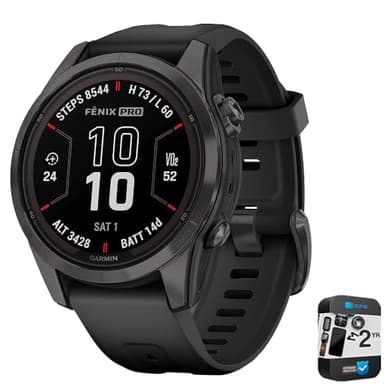 Garmin Fenix 7S Pro Solar, Sapphire, Carbon Gray DLC Titanium, Black Bundle with 2 Year Enhanced Protection Pack